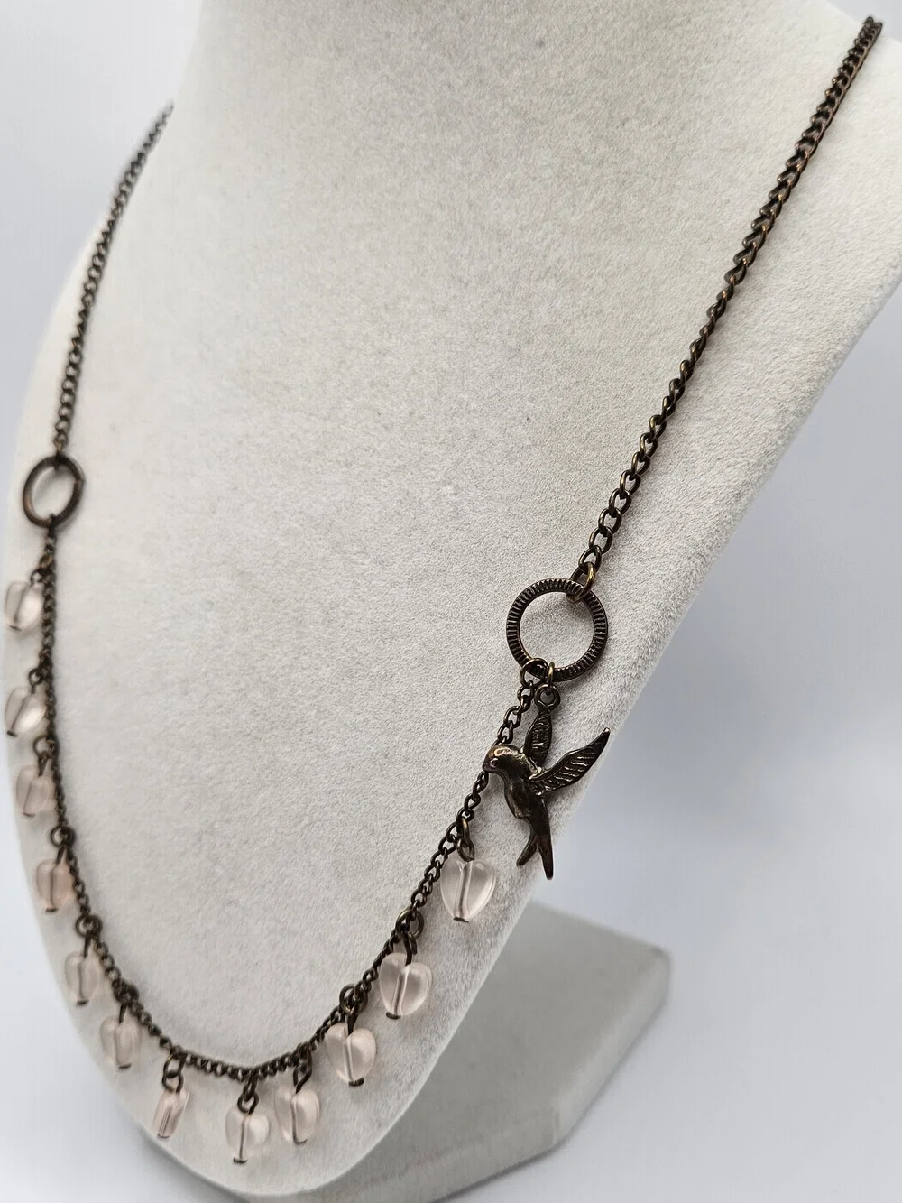 Unique Bronze Tone Bird and Pink Heart Beaded Charm Necklace